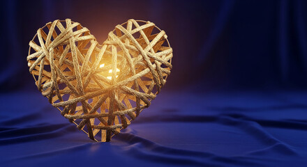 Golden heart-shaped object on blue textile, radiating light. Symbolizing love, connection, and warmth. Valentine's Day, mockup, free space, text, advertisement