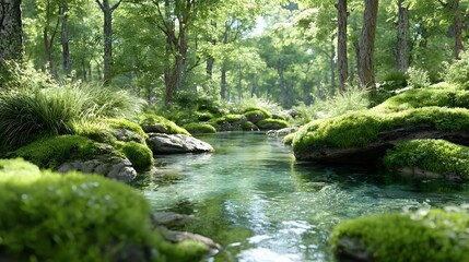 Obraz premium Idyllic scene of a crystal clear forest stream over vibrant moss covered rocks surrounded by dense green trees and soft d d sunlight evoking peace