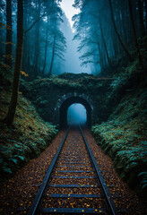 Railway tracks vanish into misty forest tunnel in atmospheric blue evening light