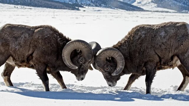Two rams locking horns in snow