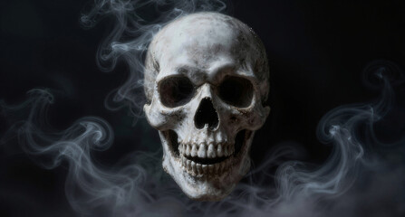 Spooky skull silhouette formed by white smoke on black background