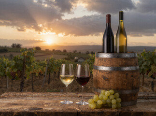 Wine bottles glasses and grapes on table with vineyard sunset background