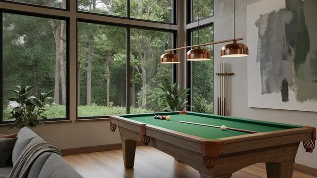 Cozy modern living room with pool table large windows and forest view interior design