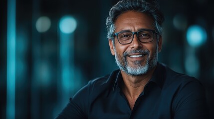Obraz premium A confident, mature man smiles warmly at the camera, showcasing his stylish glasses and well-groomed appearance, radiating a sense of wisdom and approachability.