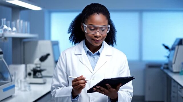 A focused Black female scientist in a lab coat and safety glasses uses a digital tablet in a modern laboratory.
