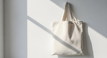 Blank natural canvas tote bag hanging against a bright white wall receiving dramatic, sharp diagonal sunlight shadows perfect for eco friendly branding mockups.