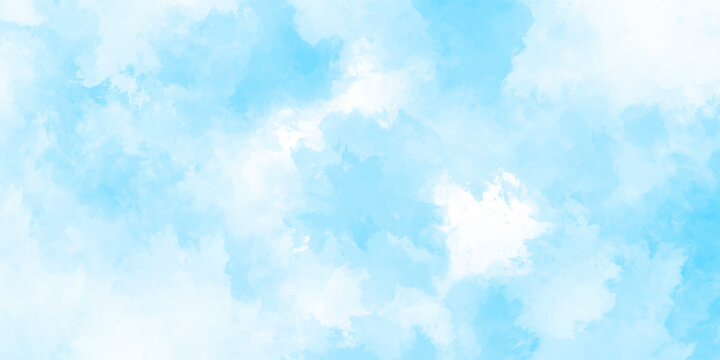 Abstract background with panorama of blue sky and white cloud nature design. horizon spring morning sky with clouds background. hand painted watercolor shades sky clouds.