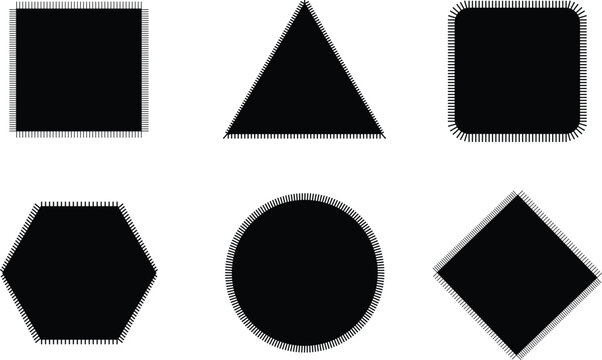 Minimalist black geometric shapes set: circle, square, triangle, hexagon, and rhombus with unique segmented, stitched borders on white.