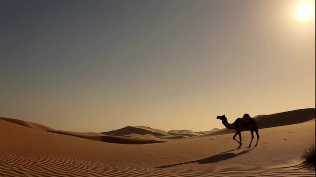A camel walks across the desert sand dunes during a serene sunset video