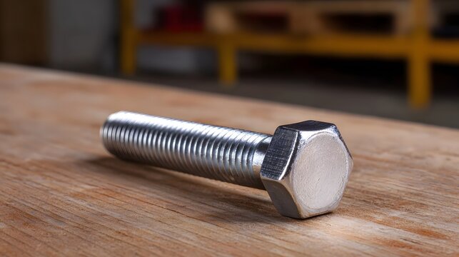 A shiny metal hex bolt rests on a wooden workbench in a workshop