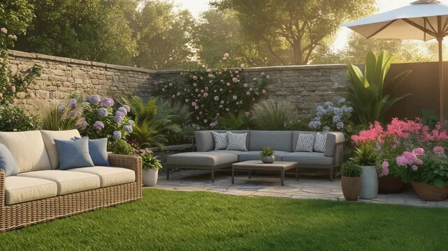 Cozy outdoor garden seating area with elegant sofas surrounded by blooming flowers and lush greenery in sunlight
