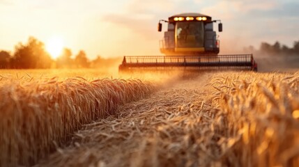 Fototapeta premium A combine harvester works diligently during the golden hour, showcasing the beauty of harvest season as the sun sets over vast golden wheat fields.