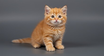 Adorable ginger kitten with bright eyes sitting on a gray background