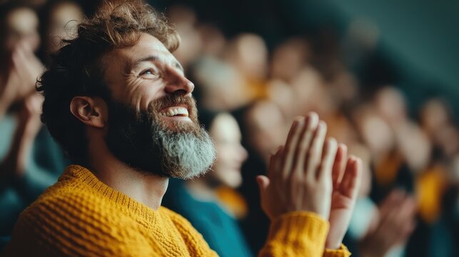 A joyful man with a beard claps enthusiastically, showcasing an expression of happiness and celebration amidst a blurred audience, reflecting the joy of shared human experiences.