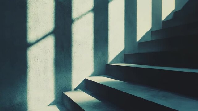 Concrete staircase with geometric steps ascending upwards, illuminated by strong light casting striking vertical shadows on the textured wall, representing concepts of complexity and progression
