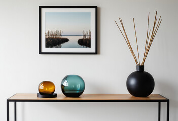 Modern minimalist shelf with black frame and decorative vases
