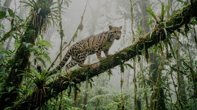 Clouded leopard perched in misty rainforest