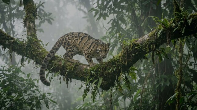 Clouded leopard perched in misty rainforest