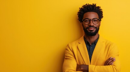 Fototapeta premium A fashionable man stands confidently with crossed arms, showcasing a vibrant yellow blazer that contrasts against a warm yellow background, exuding style and charisma.