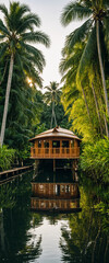 traditional wooden houseboat with curved roof docked on calm river at sunrise surrounded