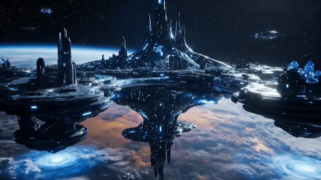 Futuristic city grand architecture and glowing technology on a distant planet, reflecting an advanced civilization's vision in the vast cosmic expanse