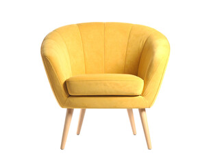 Fototapeta premium Yellow Velvet Armchair with Tapered Wooden Legs on Black Background furniture seat