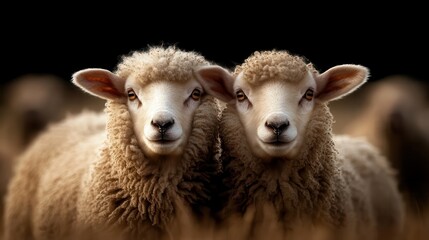 Obraz premium Two fluffy lambs stand close together facing the camera, showcasing their playful and innocent expressions, set against a soft, blurred background typical of a farm.