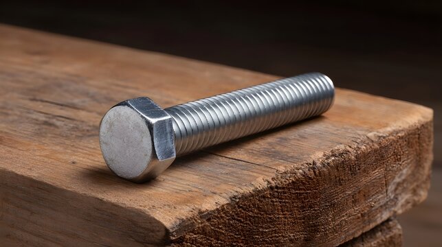 A metal bolt with a hexagonal head and threaded shaft rests on a rustic wooden plank