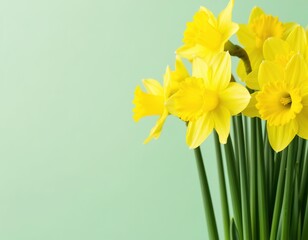Yellow daffodils on a blue background. Spring floral background with space for text. Template for an Easter card or banner