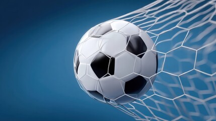 Fototapeta premium Dynamic Soccer Ball Flying into Goal with Netting in Background on a Vibrant Blue Canvas