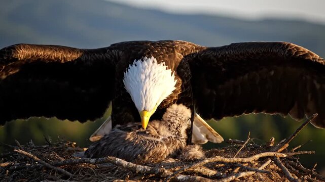 A majestic bald eagle tenderly cares for its chick in a high-altitude nest at sunset, showcasing the powerful protective instincts of nature's apex predators.