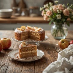 A delicious apple cake slice on a plate, with a whole cake and flower on the table