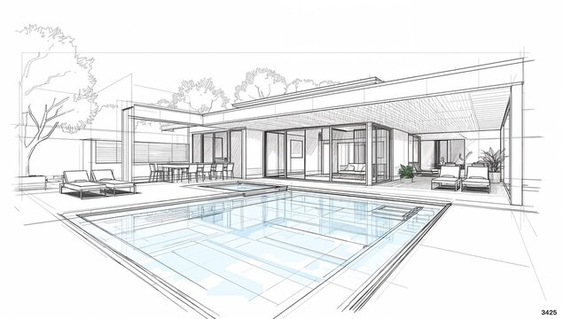 A detailed architectural drawing of a modern house featuring a swimming pool and outdoor area