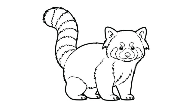 Playful Red Panda in Monochrome: A charming and detailed monochrome illustration of a red panda, its fluffy tail curved gracefully as it gazes directly, ready for your creative coloring