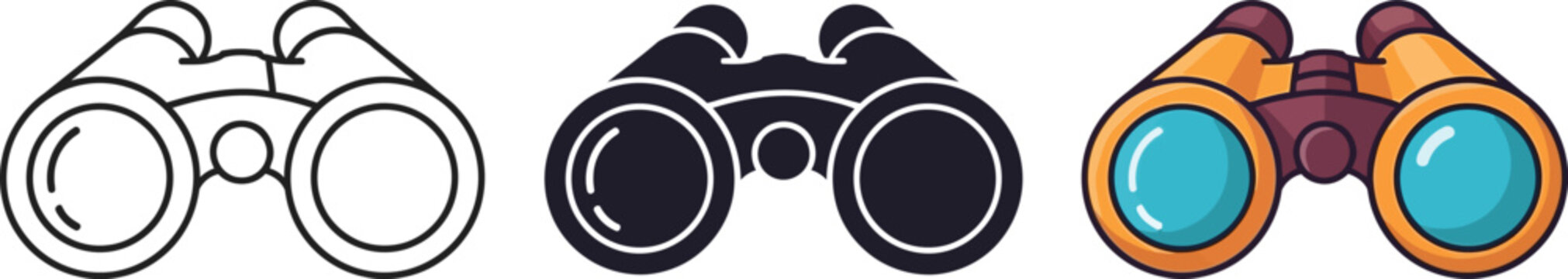 Binoculars icon collection: outline, solid, and vibrant flat design for observation isolated on white background, Vector