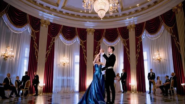 A woman in a blue dress dancing in a luxurious ballroom with a live orchestra playing in the background during a formal video event.