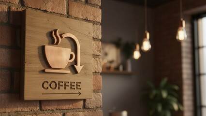 Warm glow illuminates a carved wooden coffee sign guiding visitors through a cozy, brick-walled