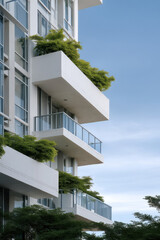 Modern residential building with glass balcony, white facade, green plant, urban apartment, and blue sky background