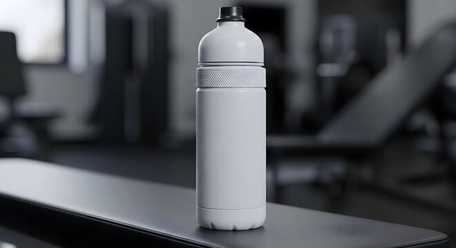 Sleek, matte white, modern reusable water bottle rests upright on a dark gym bench surface with blurred fitness equipment visible in the background suggesting hydration during a rigorous workout sessi