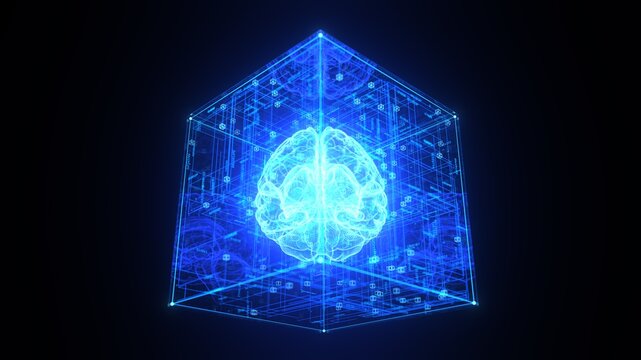 3d illustration of the AI brain inside the digital box