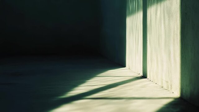 Sunlight beams piercing into an empty interior space, casting long, textured shadows on the concrete floor and wall, symbolizing hope, isolation, and new beginnings