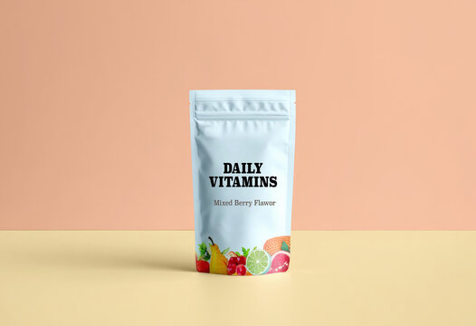 A minimalist vitamin gummy packaging stands on a surface featuring mixed berry flavor with a clean white background and vibrant fruit graphics including strawberries and lime slices