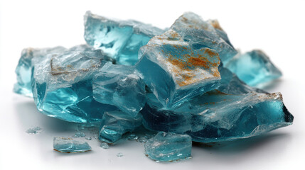Fototapeta premium Close-up of rough, translucent blue glass shards with earthy inclusions on a white background. A pile of jagged, aqua-colored glass fragments with visible imperfections and a slightly rough texture.