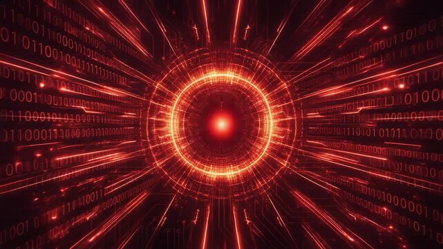 Futuristic glowing red digital technology background with binary code and light rays