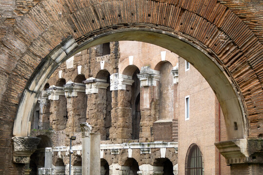 Ancient Roman Architecture of Theatre of Marcellus in Rome Italy Featuring Historic Brick Arches and Classic Stone Pillars from the Imperial Era in the Jewish Ghetto