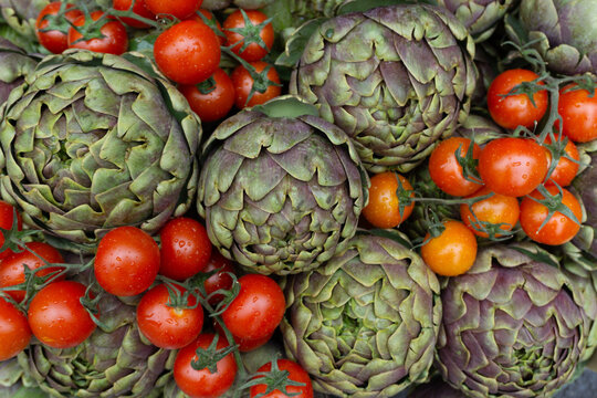 Fresh Roman Artichokes and Cherry Tomatoes on the Vine at a Local Italian Market Displaying Vibrant Mediterranean Produce and Organic Healthy Food Ingredients