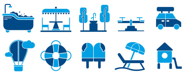 Set of flat water park and playground icons featuring swimming pool, outdoor cafe, park fountain, water slide, ice cream, beach chair, umbrella, hot air balloon, and summer recreation elements.