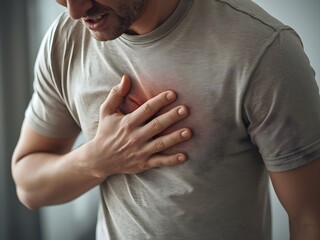A distressed man clutches his chest due to acute pain or discomfort, possibly signaling a heart attack, severe anxiety, or a medical emergency requiring urgent care and attention