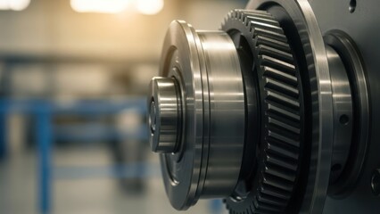Fototapeta premium Shiny steel gear assembly with focus on bearing. Workshop background