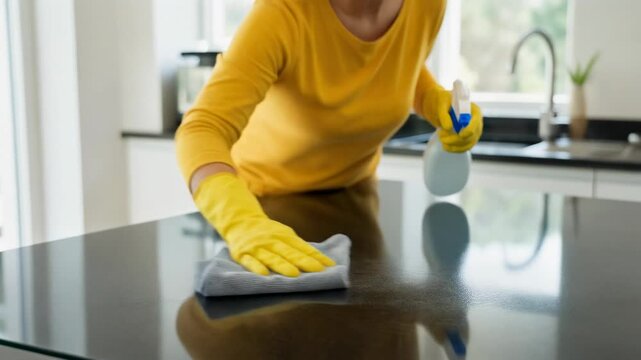 Woman cleaning shiny black kitchen countertop with spray bottle and cloth wearing yellow gloves